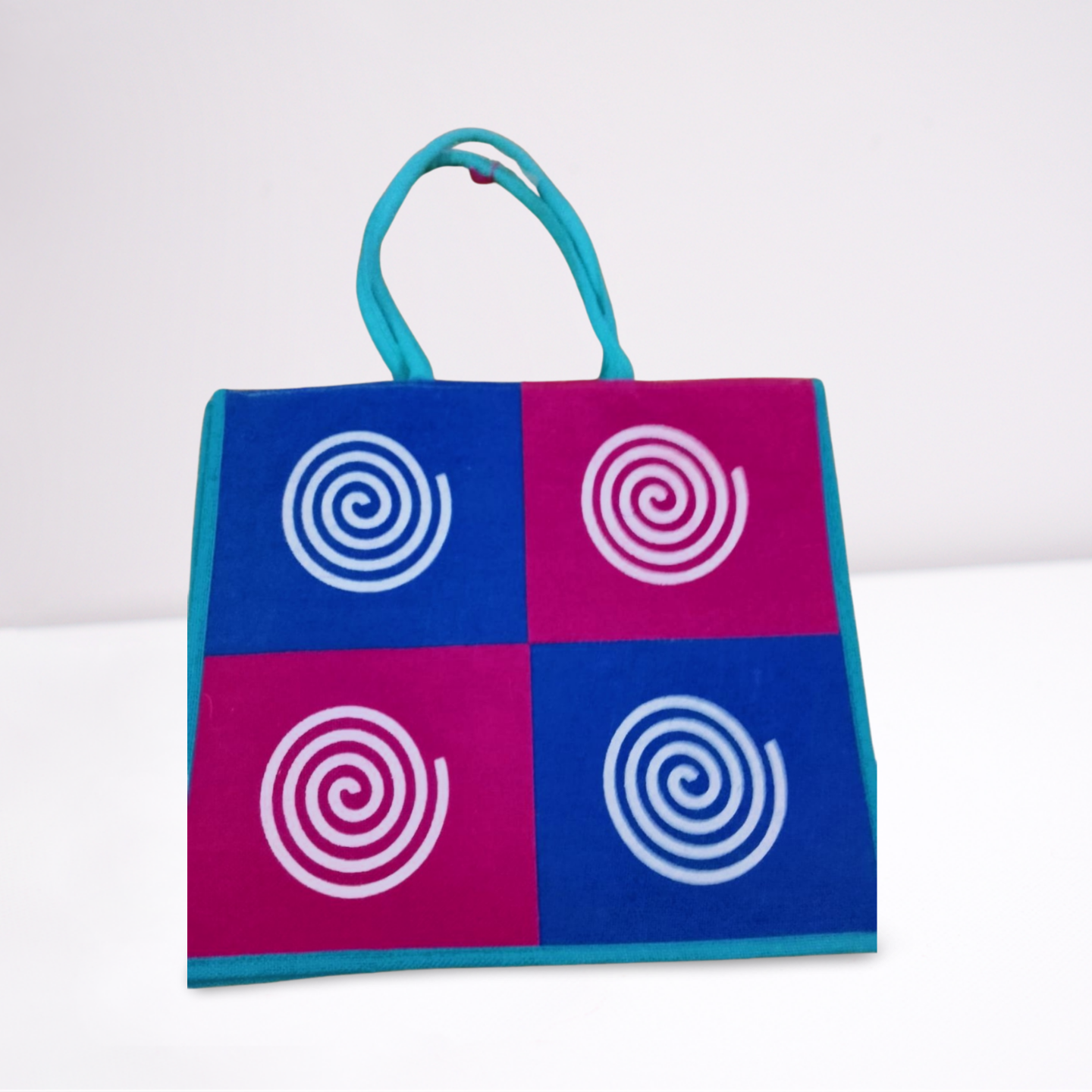 Genz Stylish Color Blocks Print Jute Shopping Bag Sustainable